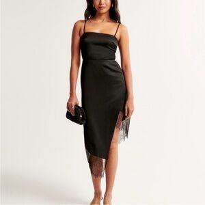 *NEW* Abercrombie & Fitch Satin Asymmetrical Midi Lace Trim Dress Size XL TALL